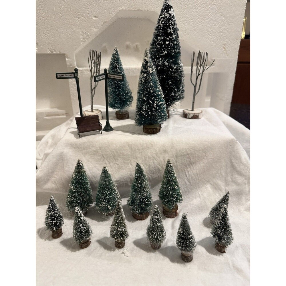 Christmas Village Bench Bottle Brush Trees Twig Street Signs No Box Lot Of 19